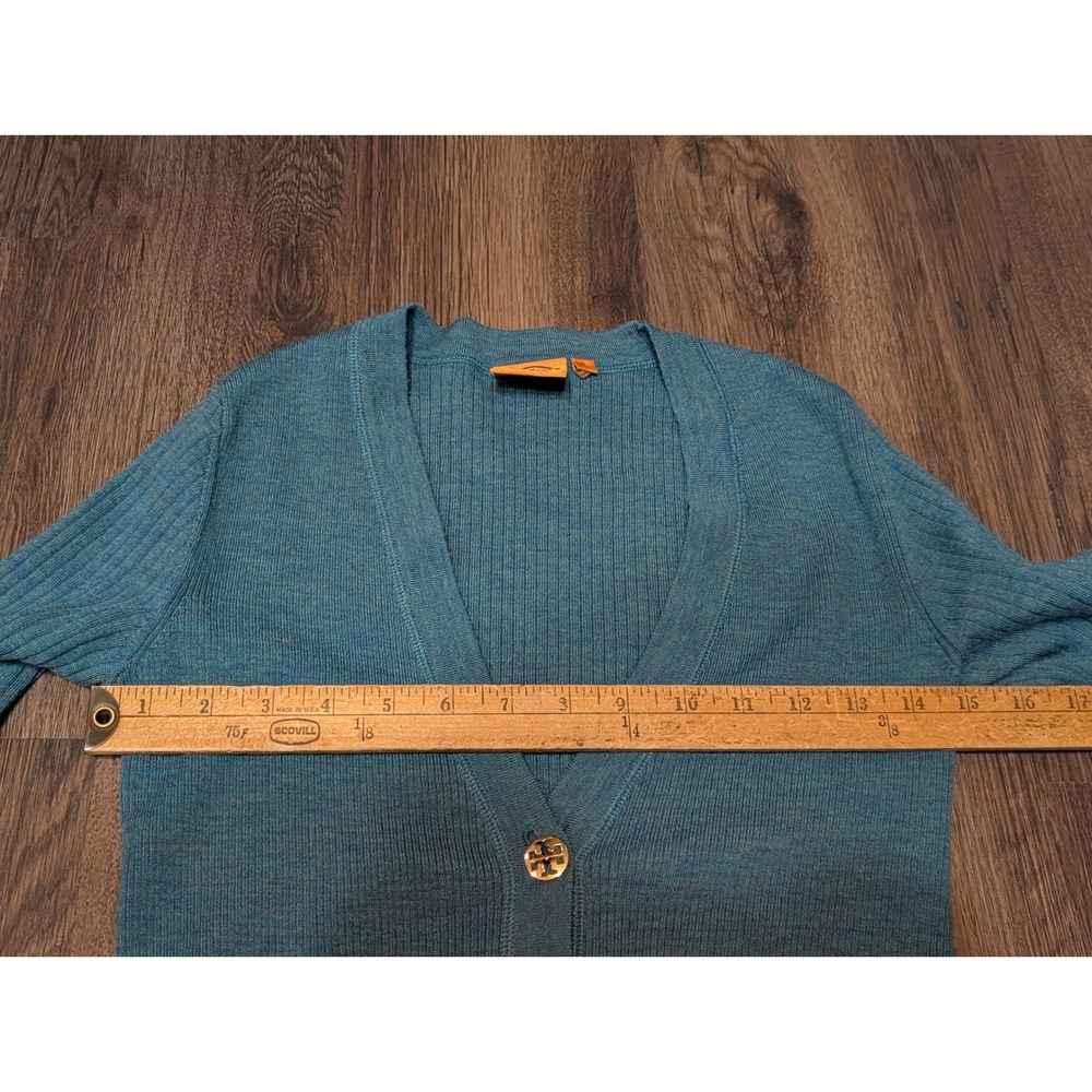 Tory Burch Cardigan Sweater Womens Small Ribbed Knit Teal Gold Buttons READ - Picture 3 of 5